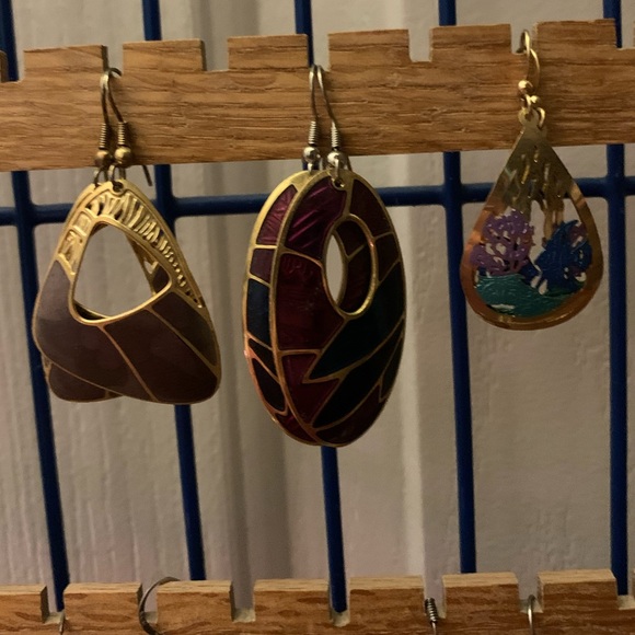 Retro Brass Enamel Earring Lot - Picture 2 of 3